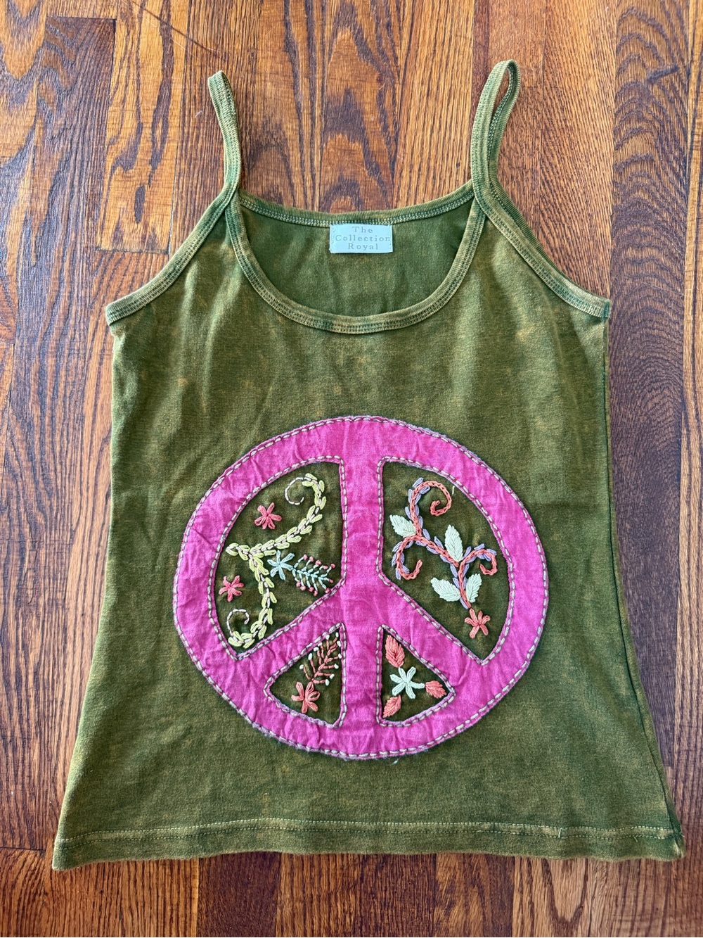 The Collection Royal Olive Green Tank Top with Pink Peace Applique